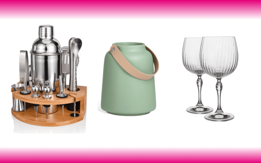 Pictured are a cocktail set, enamel flower vase and high end Gin classes.
